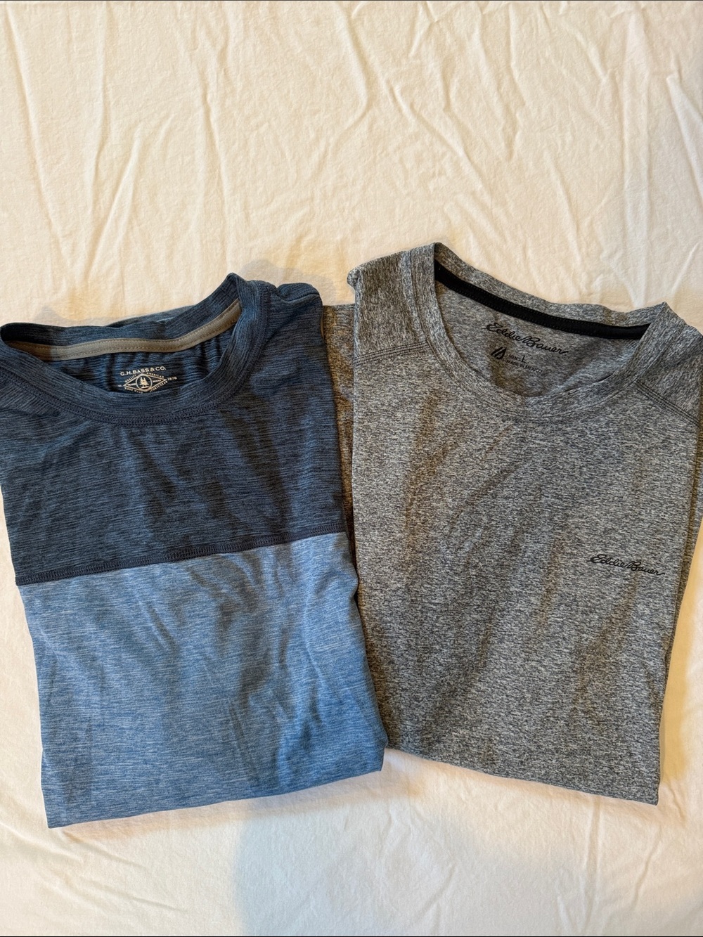 G.H. Bass Two-Tone Blue Tee & Eddie Bauer Gray Heather Crewneck